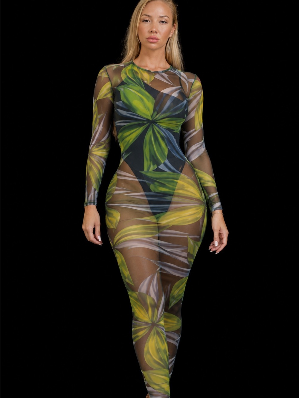 Louisa Ballou - Sheer Green Floral Mesh Bodycon Dress